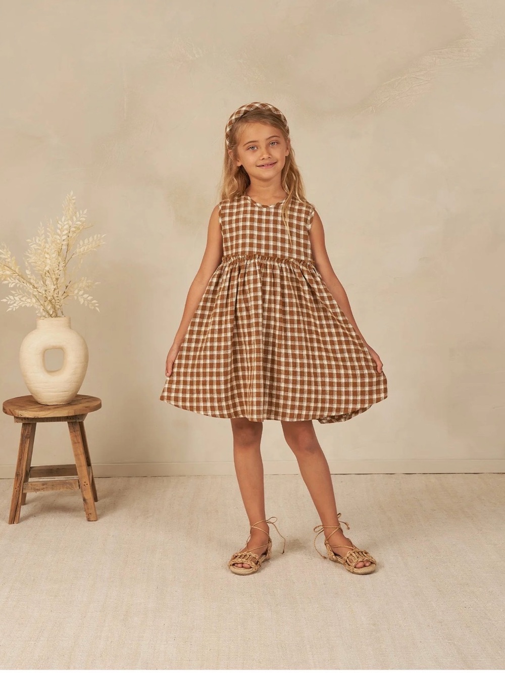 RYLEE + CRU Harper Dress with Matching Headband- Saddle Plaid